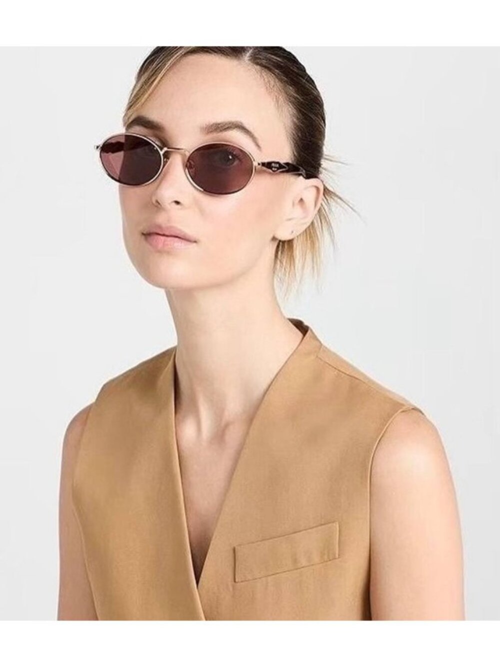 Prada PR65ZS ZVN20I Sunglasses Pale Gold Oval Frame, Light Purple Brown Lenses - Picture 9 of 12